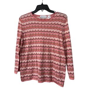 Alfred Dunner Petite Medium Pink Chevron Zigzag Pointelle Knit 3/4 Sleeve Top